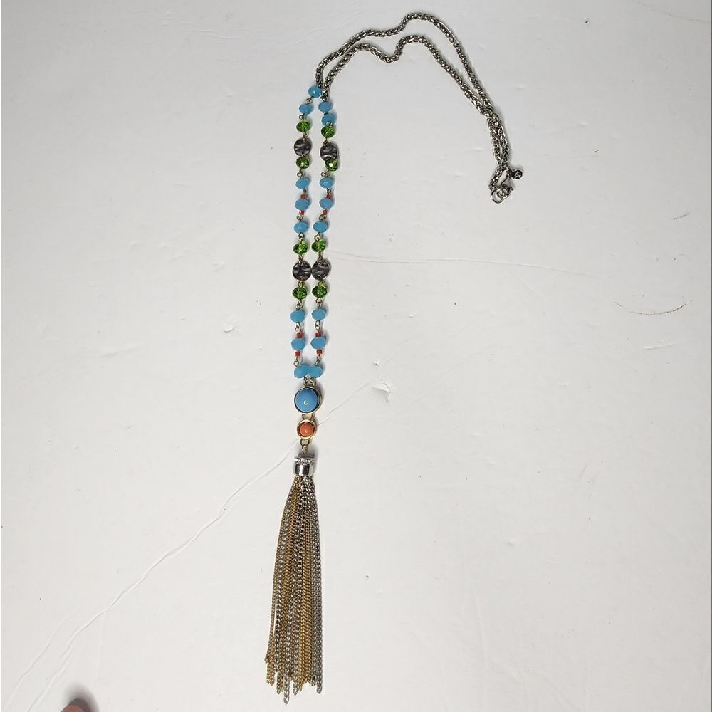 LOFT Brushed Silver Turquoise Orange Green Pendant Fringe Necklace  41"